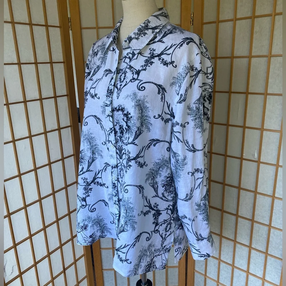 Alice Blue 100% Linen Button Up Print Blouse SZ Xl